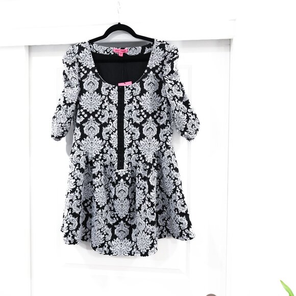 Betsy Johnson Size XL Black Floral Corset Puffed Sleeve Mini Dress NWT - Picture 2 of 9